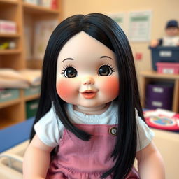 A delightful image of a perfect doll characterized by big cheeks and smiling lips, showcasing straight black hair that falls beautifully around its face