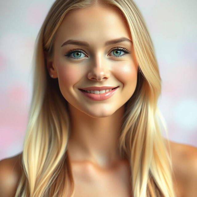 A portrait of a beautiful woman with flawless skin, vibrant green eyes, and long, flowing blonde hair