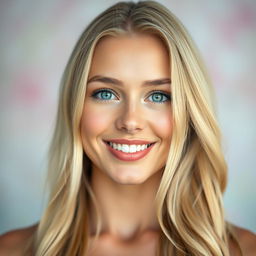 A portrait of a beautiful woman with flawless skin, vibrant green eyes, and long, flowing blonde hair