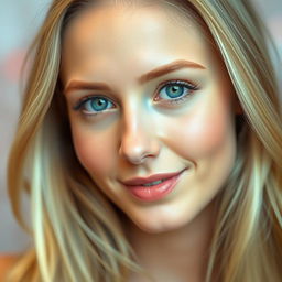 A portrait of a beautiful woman with flawless skin, vibrant green eyes, and long, flowing blonde hair