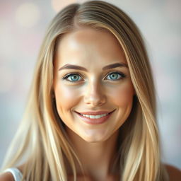 A portrait of a beautiful woman with flawless skin, vibrant green eyes, and long, flowing blonde hair
