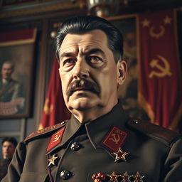 A high-quality portrait of Joseph Stalin, showcasing him in a formal setting, dressed in military attire with decorations