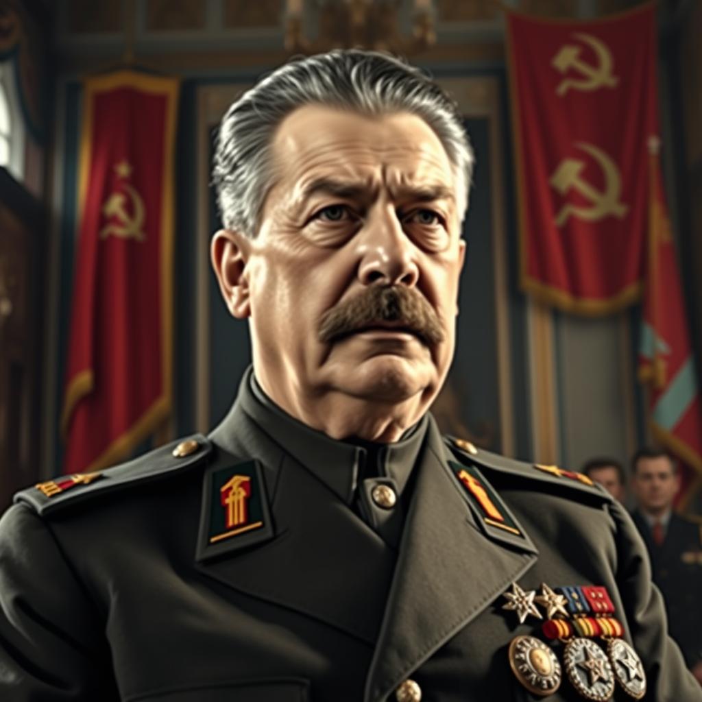 A high-quality portrait of Joseph Stalin, showcasing him in a formal setting, dressed in military attire with decorations