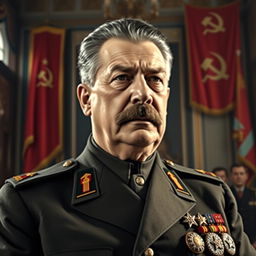 A high-quality portrait of Joseph Stalin, showcasing him in a formal setting, dressed in military attire with decorations