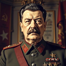 A high-quality portrait of Joseph Stalin, showcasing him in a formal setting, dressed in military attire with decorations