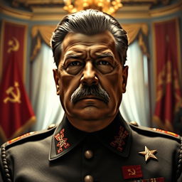 A high-quality portrait of Joseph Stalin, showcasing him in a formal setting, dressed in military attire with decorations