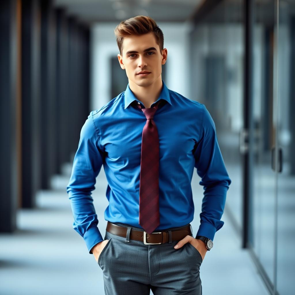 A stylish man wearing a blue shirt paired with gray pants and a neatly knotted tie