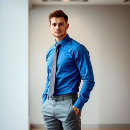 A stylish man wearing a blue shirt paired with gray pants and a neatly knotted tie