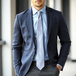 A stylish man wearing a blue shirt paired with gray pants and a neatly knotted tie