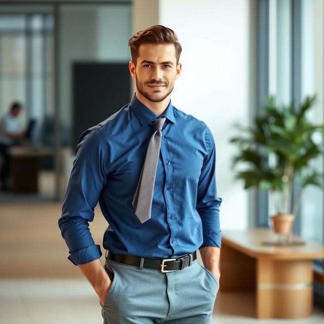 A stylish man wearing a blue shirt paired with gray pants and a neatly knotted tie