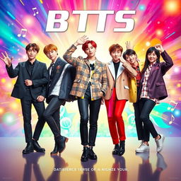 A vibrant and dynamic poster featuring the seven members of BTS, showcasing their unique and stylish outfits that reflect both traditional Korean elements and modern pop fashion