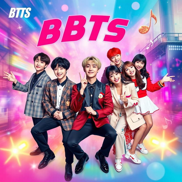 A vibrant and dynamic poster featuring the seven members of BTS, showcasing their unique and stylish outfits that reflect both traditional Korean elements and modern pop fashion