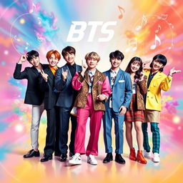 A vibrant and dynamic poster featuring the seven members of BTS, showcasing their unique and stylish outfits that reflect both traditional Korean elements and modern pop fashion