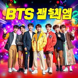 A vibrant and dynamic poster featuring the seven members of BTS, showcasing their unique and stylish outfits that reflect both traditional Korean elements and modern pop fashion