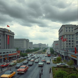 A stunning depiction of a Soviet-era cityscape during the 1980s, featuring large concrete buildings with iconic Soviet architecture, wide boulevards filled with vintage cars, and people dressed in period-appropriate clothing