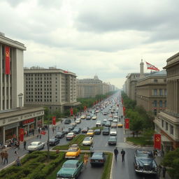A stunning depiction of a Soviet-era cityscape during the 1980s, featuring large concrete buildings with iconic Soviet architecture, wide boulevards filled with vintage cars, and people dressed in period-appropriate clothing