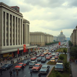 A stunning depiction of a Soviet-era cityscape during the 1980s, featuring large concrete buildings with iconic Soviet architecture, wide boulevards filled with vintage cars, and people dressed in period-appropriate clothing