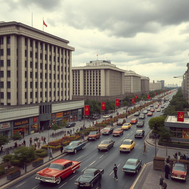 A stunning depiction of a Soviet-era cityscape during the 1980s, featuring large concrete buildings with iconic Soviet architecture, wide boulevards filled with vintage cars, and people dressed in period-appropriate clothing