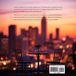 A serene and romantic back cover design for a book, featuring a soft focus silhouette of a city skyline at sunset, echoing the color palette of warm oranges and pinks