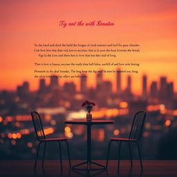 A serene and romantic back cover design for a book, featuring a soft focus silhouette of a city skyline at sunset, echoing the color palette of warm oranges and pinks