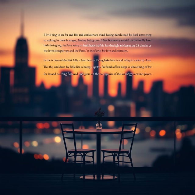 A serene and romantic back cover design for a book, featuring a soft focus silhouette of a city skyline at sunset, echoing the color palette of warm oranges and pinks