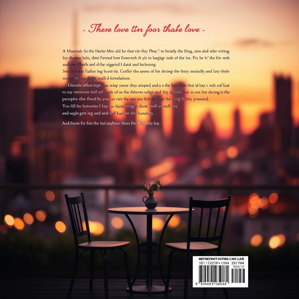 A serene and romantic back cover design for a book, featuring a soft focus silhouette of a city skyline at sunset, echoing the color palette of warm oranges and pinks