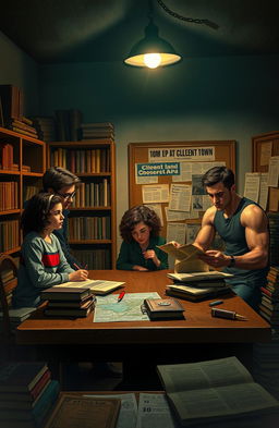 An intriguing scene from the mystery novel '10 PM at Clement Town' featuring three young college students as detectives