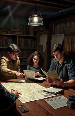 An intriguing scene from the mystery novel '10 PM at Clement Town' featuring three young college students as detectives
