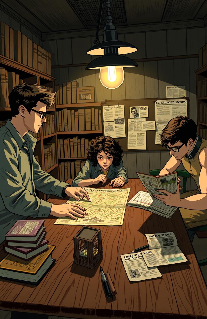 An intriguing scene from the mystery novel '10 PM at Clement Town' featuring three young college students as detectives
