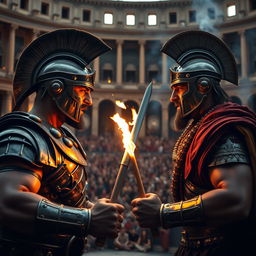 An epic battle scene between two fierce warriors, Maximus and Commodus, inspired by the film Gladiator