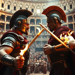 An epic battle scene between two fierce warriors, Maximus and Commodus, inspired by the film Gladiator