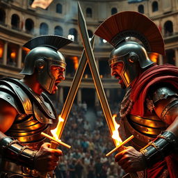 An epic battle scene between two fierce warriors, Maximus and Commodus, inspired by the film Gladiator