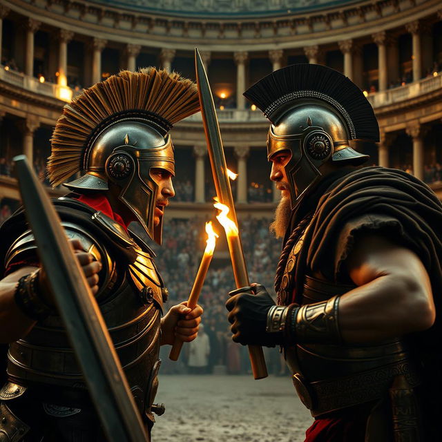 An epic battle scene between two fierce warriors, Maximus and Commodus, inspired by the film Gladiator