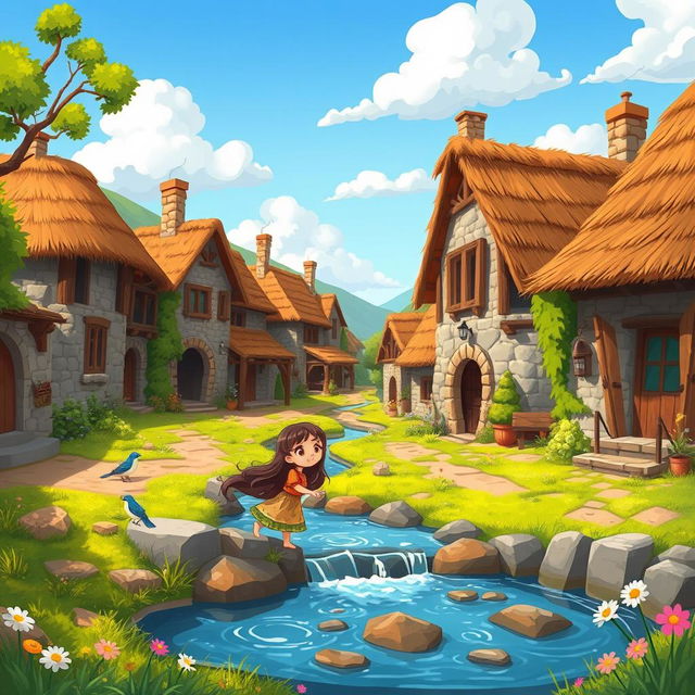 A vibrant, colorful cartoon scene depicting a young girl living in an ancient village, surrounded by rustic, historical buildings made of stone and wood, lush greenery, and a serene landscape