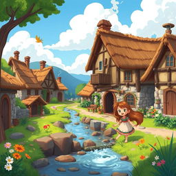 A vibrant, colorful cartoon scene depicting a young girl living in an ancient village, surrounded by rustic, historical buildings made of stone and wood, lush greenery, and a serene landscape