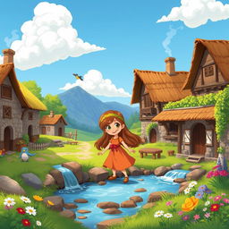 A vibrant, colorful cartoon scene depicting a young girl living in an ancient village, surrounded by rustic, historical buildings made of stone and wood, lush greenery, and a serene landscape