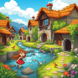 A vibrant, colorful cartoon scene depicting a young girl living in an ancient village, surrounded by rustic, historical buildings made of stone and wood, lush greenery, and a serene landscape