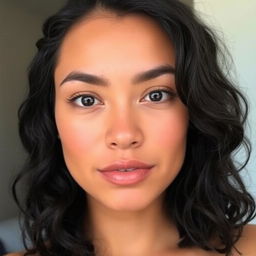 A portrait of a person with a medium beige skin tone, smooth complexion without blemishes or freckles