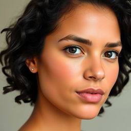 A portrait of a person with a medium beige skin tone, smooth complexion without blemishes or freckles