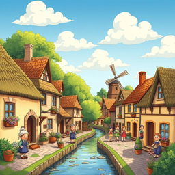 A charming old village depicted in a colorful cartoon style, featuring quaint houses with thatched roofs and cobblestone streets