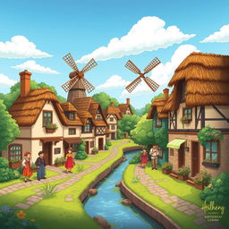 A charming old village depicted in a colorful cartoon style, featuring quaint houses with thatched roofs and cobblestone streets