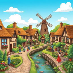 A charming old village depicted in a colorful cartoon style, featuring quaint houses with thatched roofs and cobblestone streets