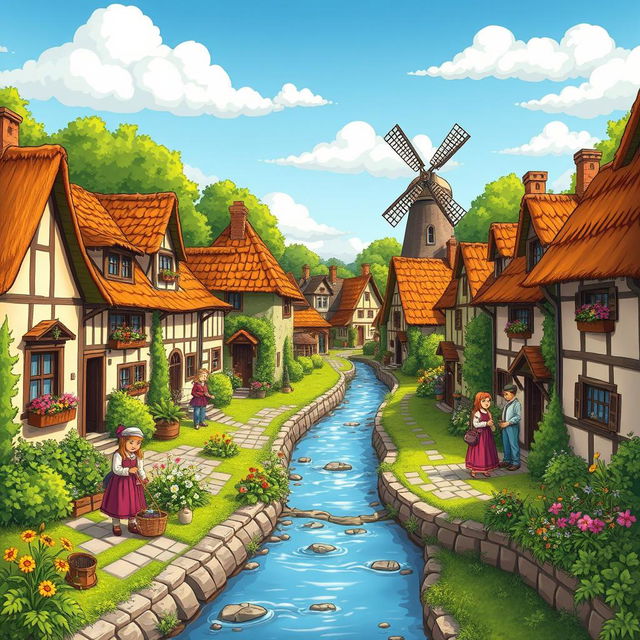 A charming old village depicted in a colorful cartoon style, featuring quaint houses with thatched roofs and cobblestone streets