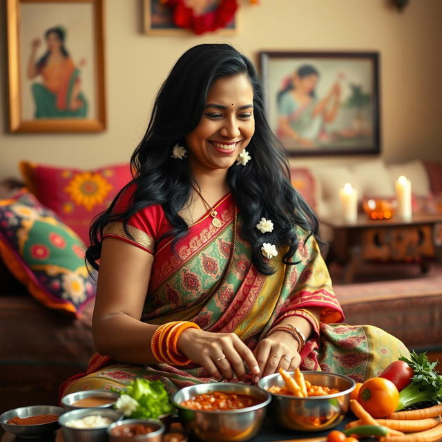 A loving Indian mother, dressed in a colorful traditional saree with intricate patterns, is sitting gracefully in a cozy living room