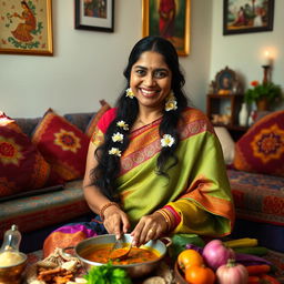 A loving Indian mother, dressed in a colorful traditional saree with intricate patterns, is sitting gracefully in a cozy living room
