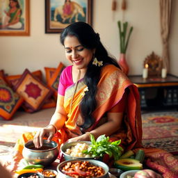 A loving Indian mother, dressed in a colorful traditional saree with intricate patterns, is sitting gracefully in a cozy living room