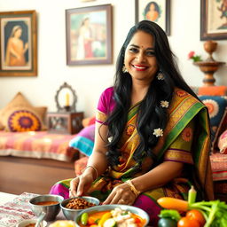 A loving Indian mother, dressed in a colorful traditional saree with intricate patterns, is sitting gracefully in a cozy living room