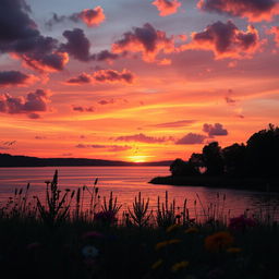 A beautiful sunset over a serene lake, with vibrant orange, pink, and purple hues reflecting on the water