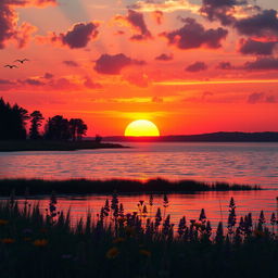A beautiful sunset over a serene lake, with vibrant orange, pink, and purple hues reflecting on the water