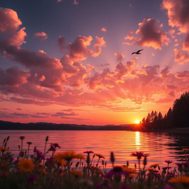 A beautiful sunset over a serene lake, with vibrant orange, pink, and purple hues reflecting on the water